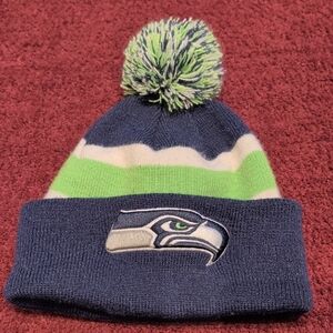 Blue and Green Pom-Pom Beanie
